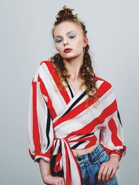 NWT Zara Stripe Wrap Color Block Nautical Blouse Top Red White Prep Feminine XS